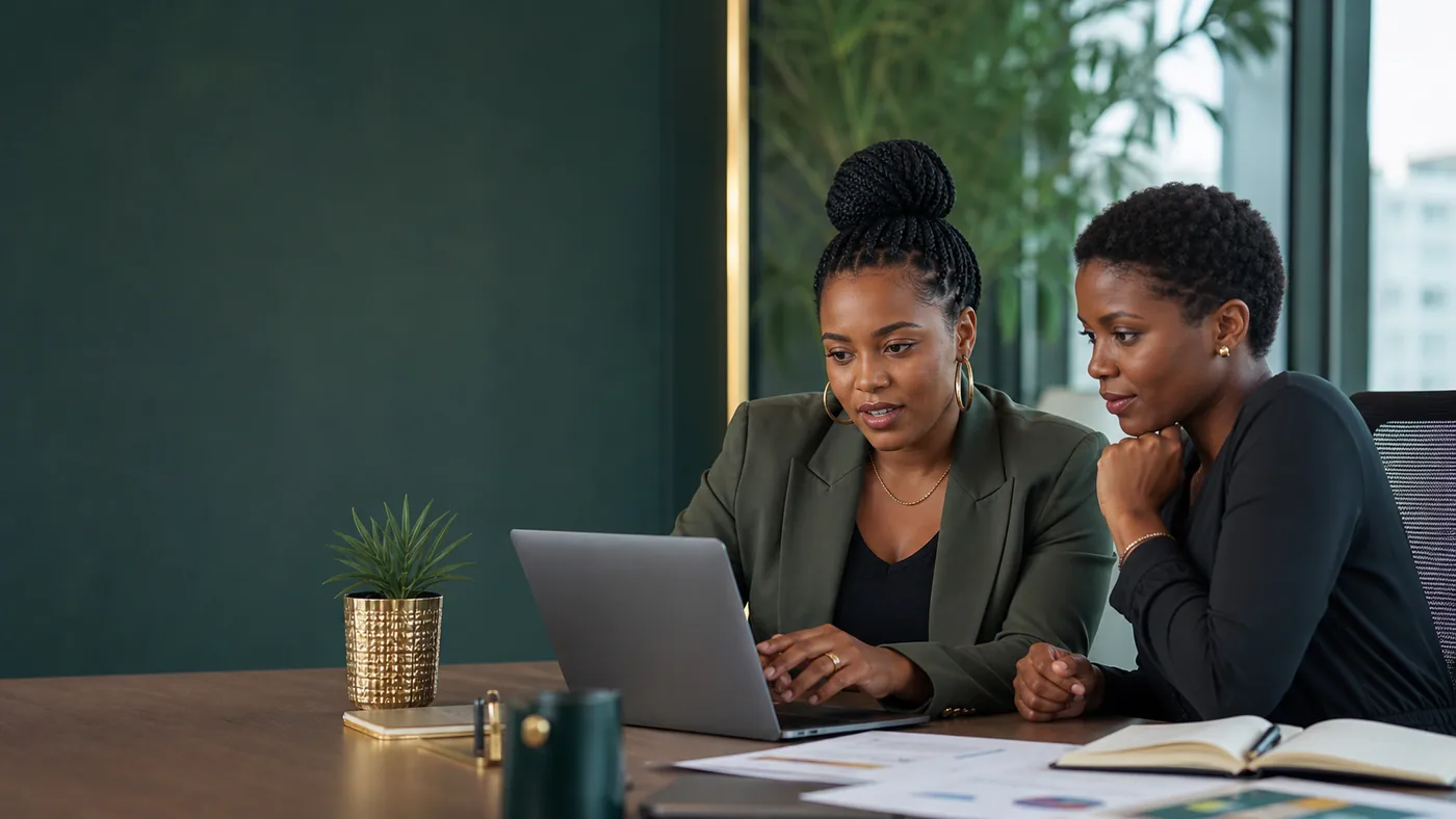 Two colleagues reviewing digital work together on a laptop
