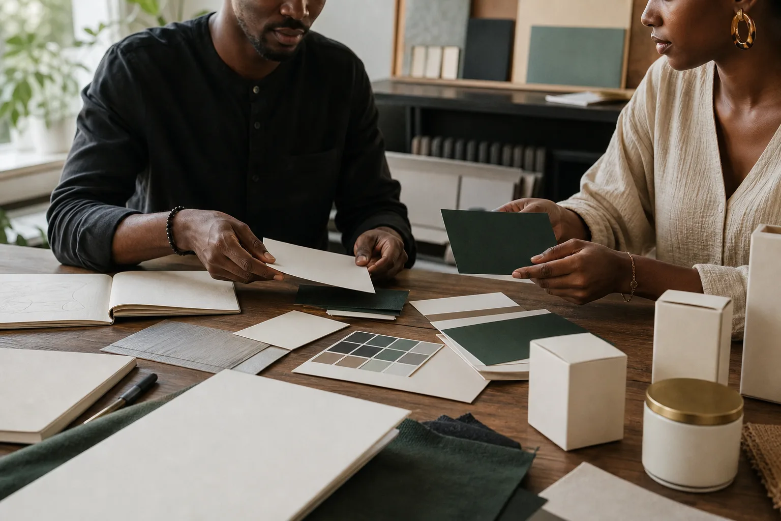 East African brand designers comparing materials, colour and unbranded packaging concepts