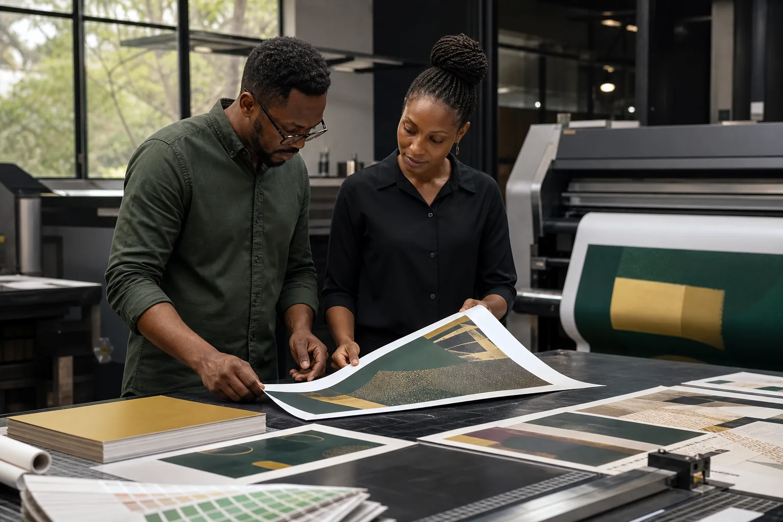 Design and production specialists checking colour and finish in a professional print studio
