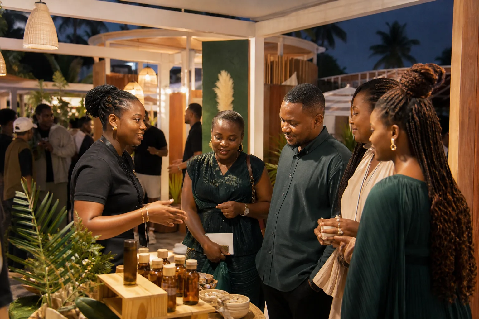 Guests engaging with a polished brand activation at an evening event in Tanzania