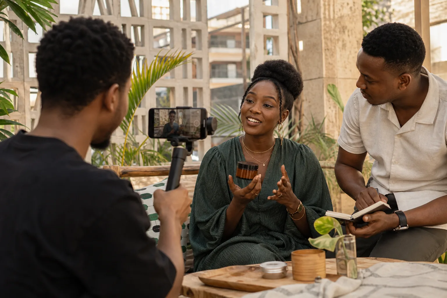 Tanzanian creator and production team recording an authentic product story