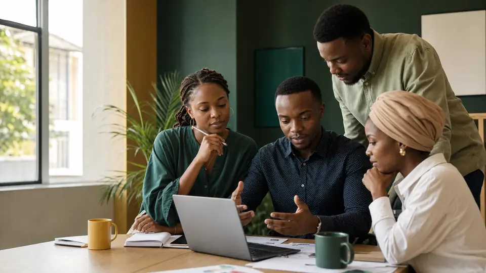 Four colleagues reviewing campaign plans around a laptop in a sunlit office